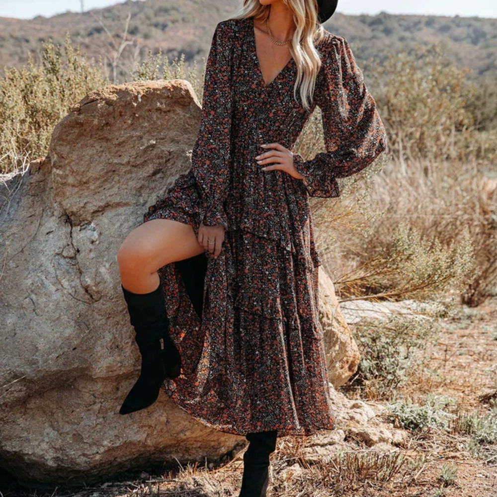 ZARA Bohemian Floral V Neck Long Sleeve Tiered Maxi Dress Casual Elegant